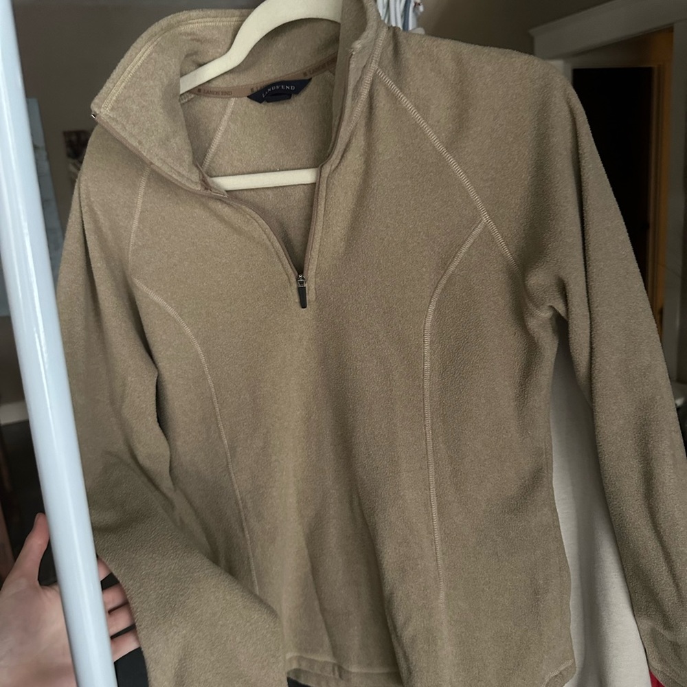 Lands End Tan Fuzzy Quarter Zip Sweatshirt Size Small